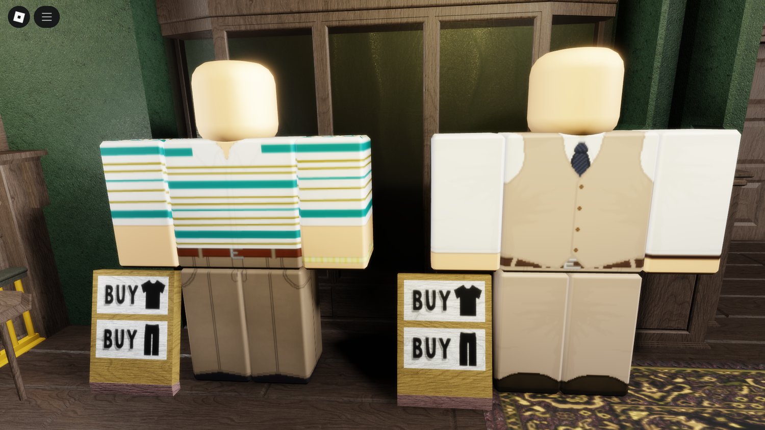 Wide shot of the full vintage shop interior in Roblox