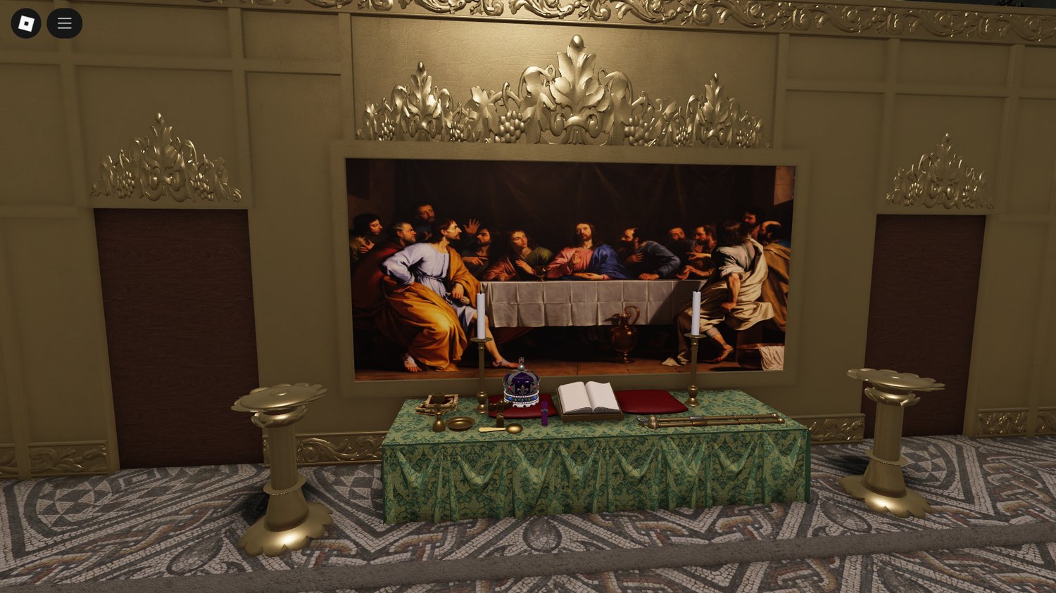 Roleplay uniforms displayed inside the cathedral