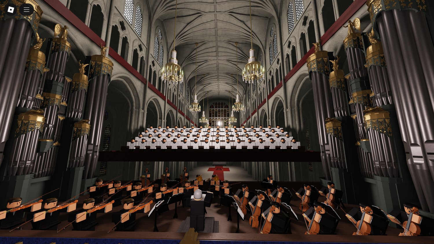 Roblox players using roleplay tools inside cathedral