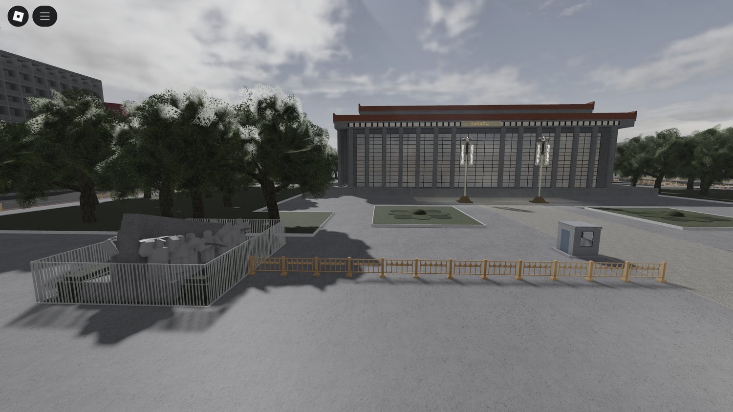 Main plaza with statues, banners, and decorations