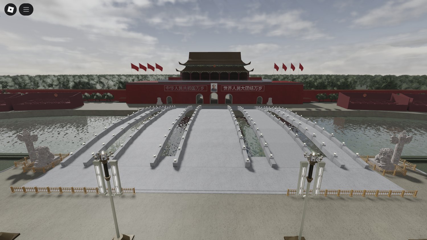 Detailed flags, statues, and communism-inspired decor