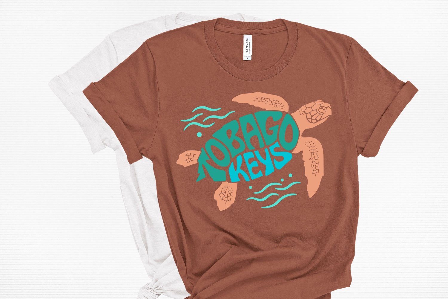 This design features the words Tobago Keys creatively made into the shape of a sea turtle.