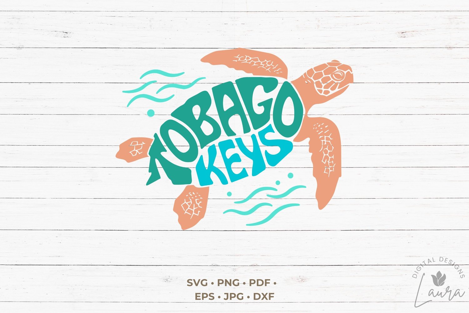 This design features the words Tobago Keys creatively made into the shape of a sea turtle.