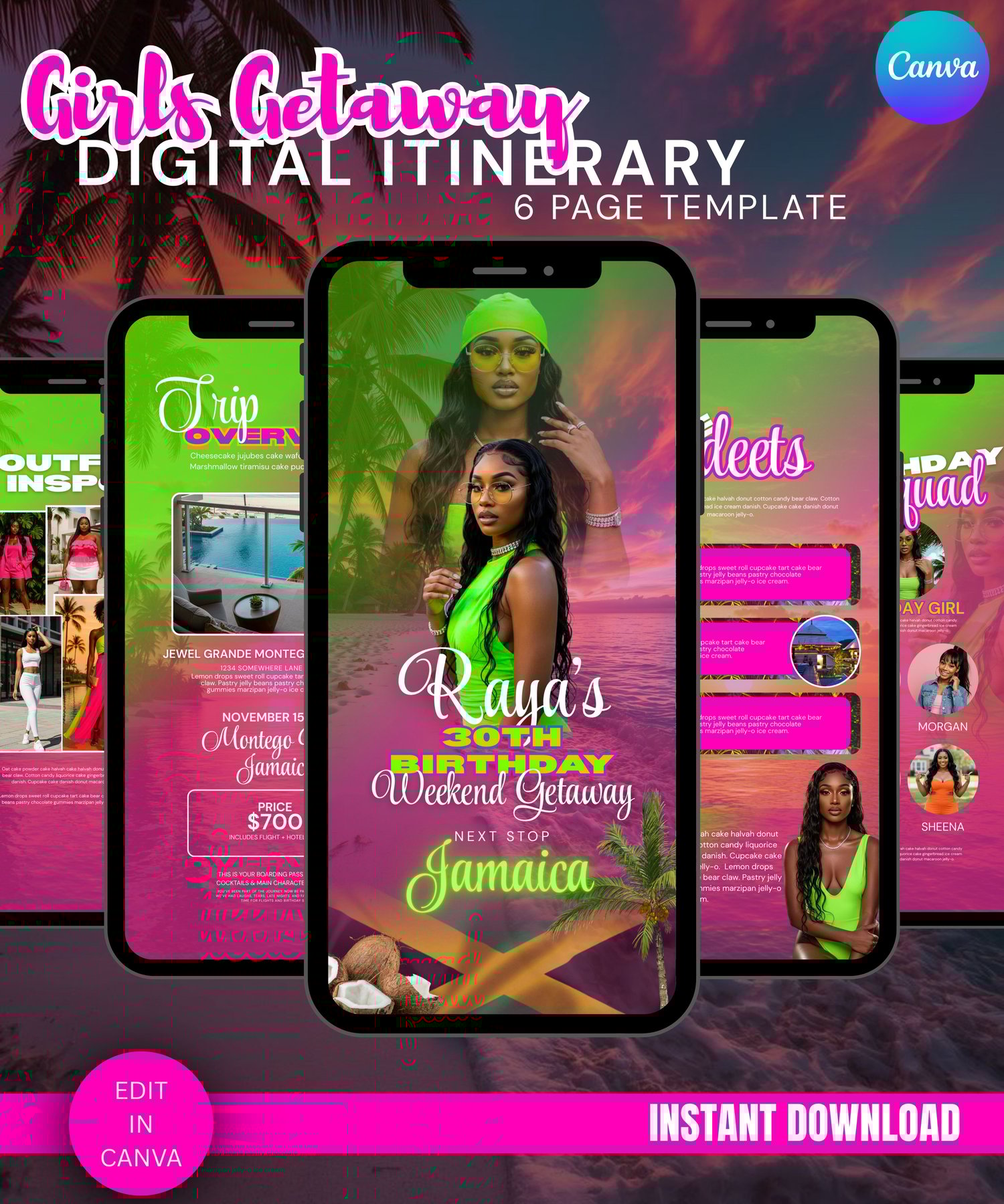 girls trip itinerary  birthday trip planner  digital travel template  Canva itinerary template  vacation planner digital  bachelorette trip itinerary  editable travel itinerary  birthday weekend getaway  girls getaway template  Jamaica trip planner  Canva