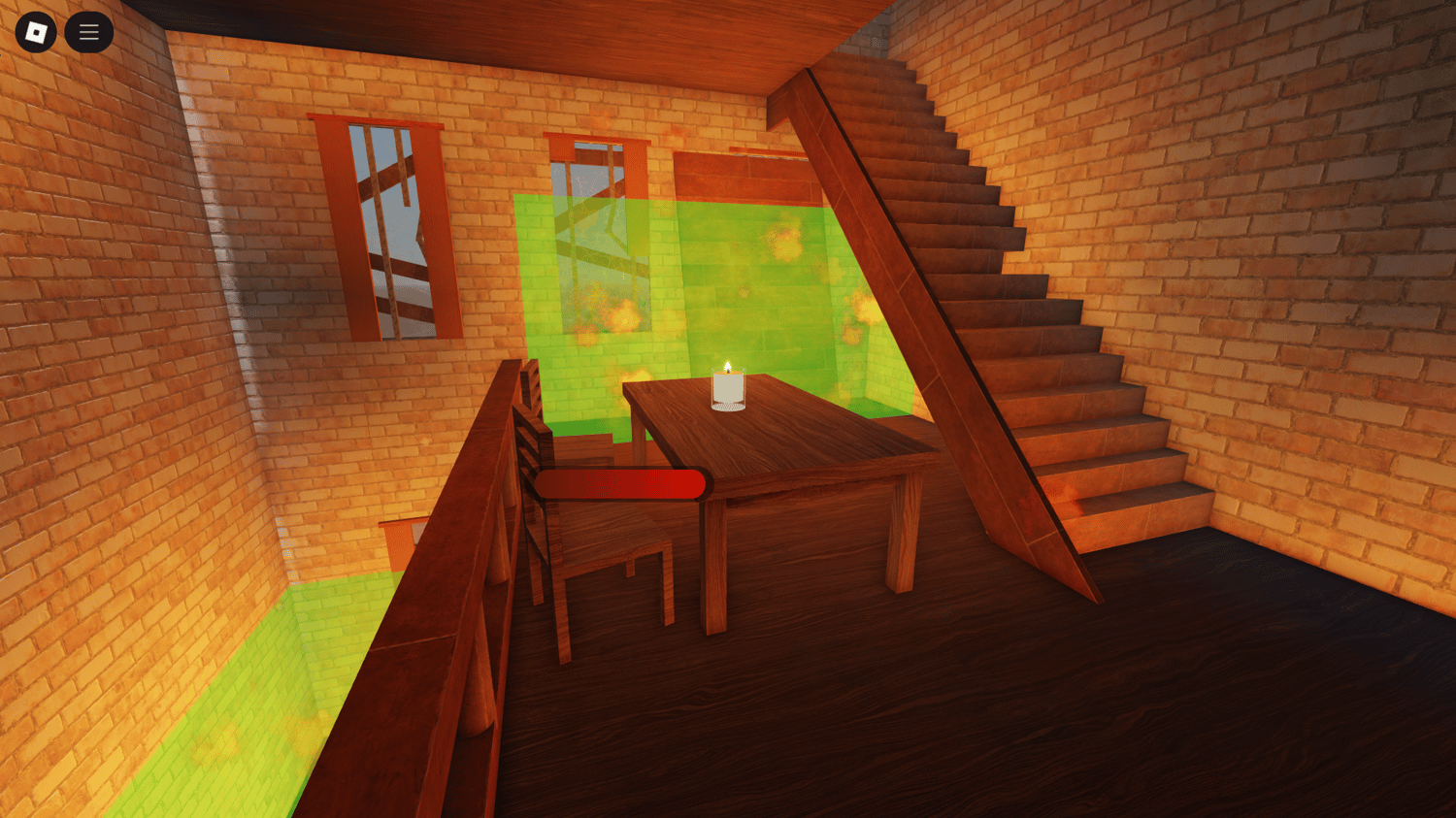Realistic flame effects spreading across Roblox building
