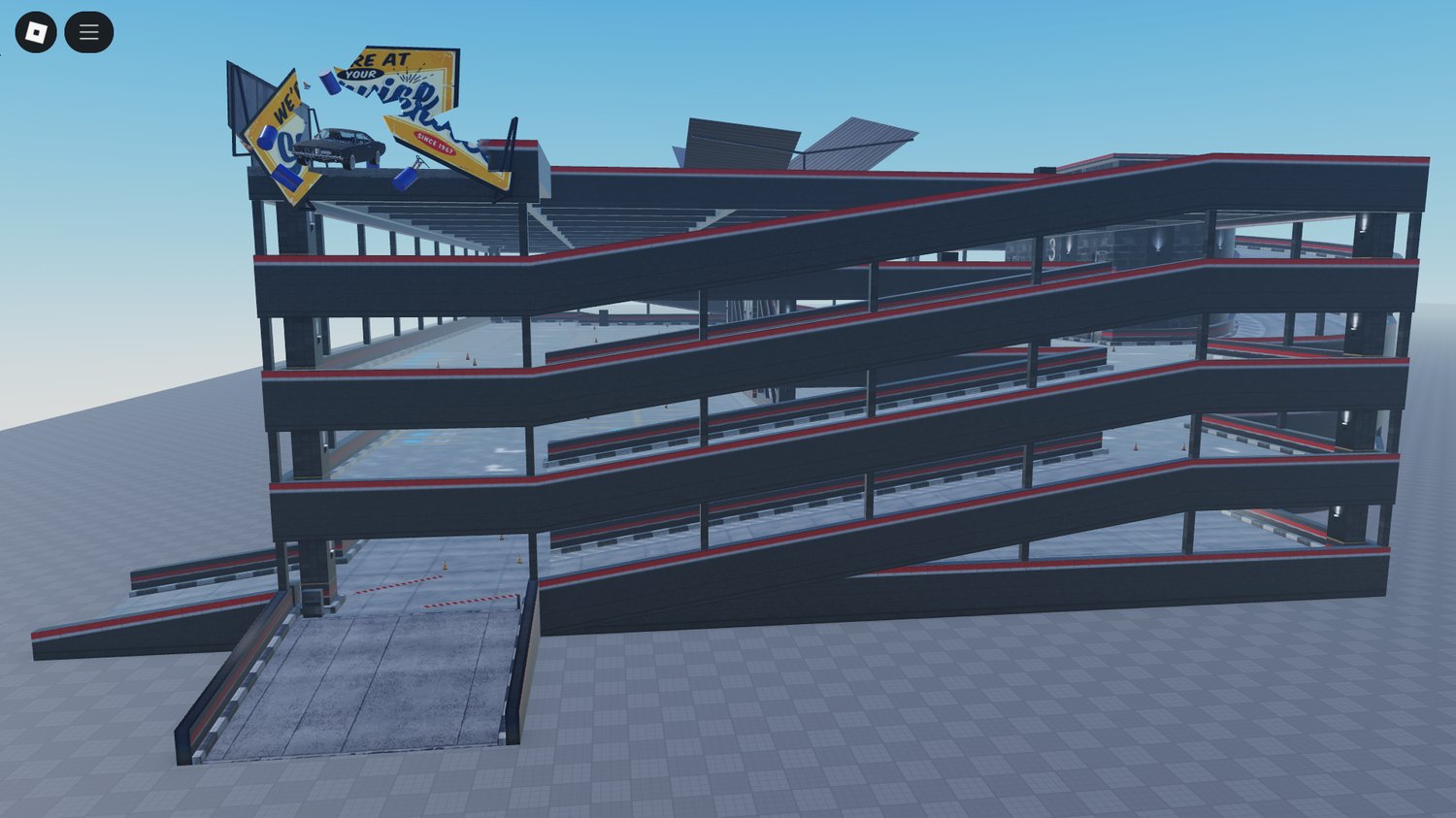 Roblox multi-level parking garage exterior