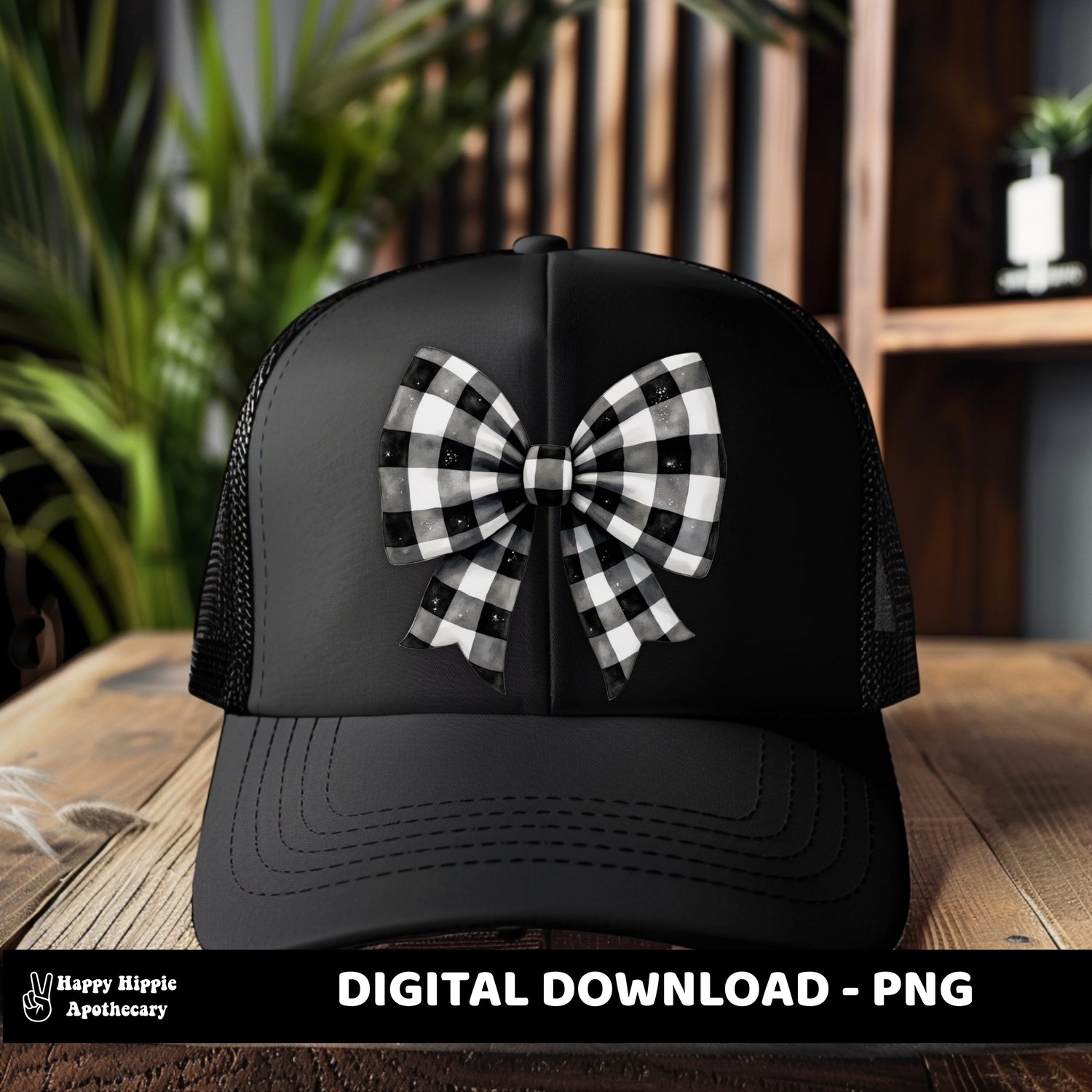 Black and white checkered bow PNG applied to a black trucker hat mockup, styled on a wooden table with plants in the background