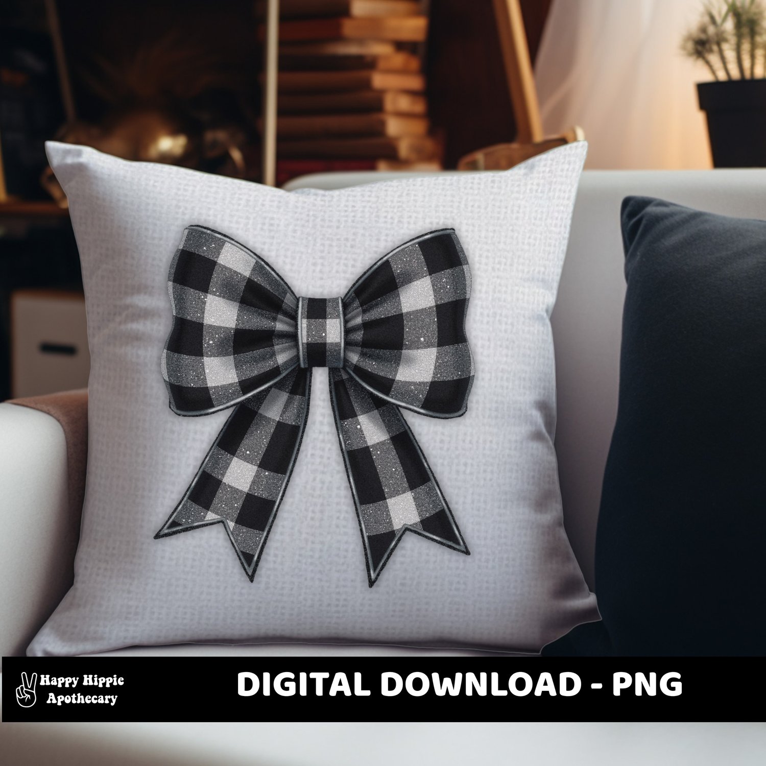 Black and white checkered bow PNG placed on a decorative pillow mockup on a sofa, showing how the design works on home décor