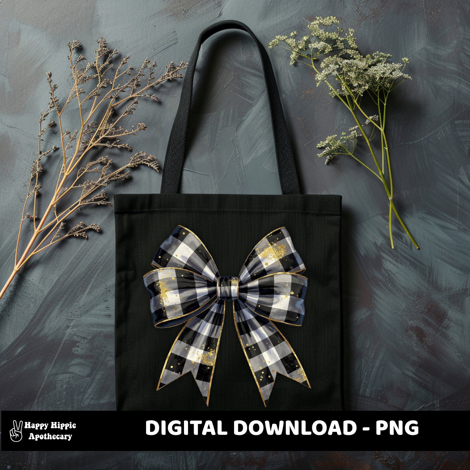 Black and white checkered bow PNG displayed on a black tote bag mockup with dried flowers in the background, showing use for accessories