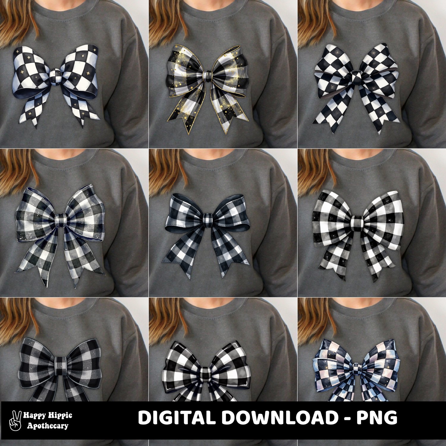 Grid of sweatshirt mockups featuring nine different black and white checkered bow PNGs placed on gray sweaters, showing multiple variations in use