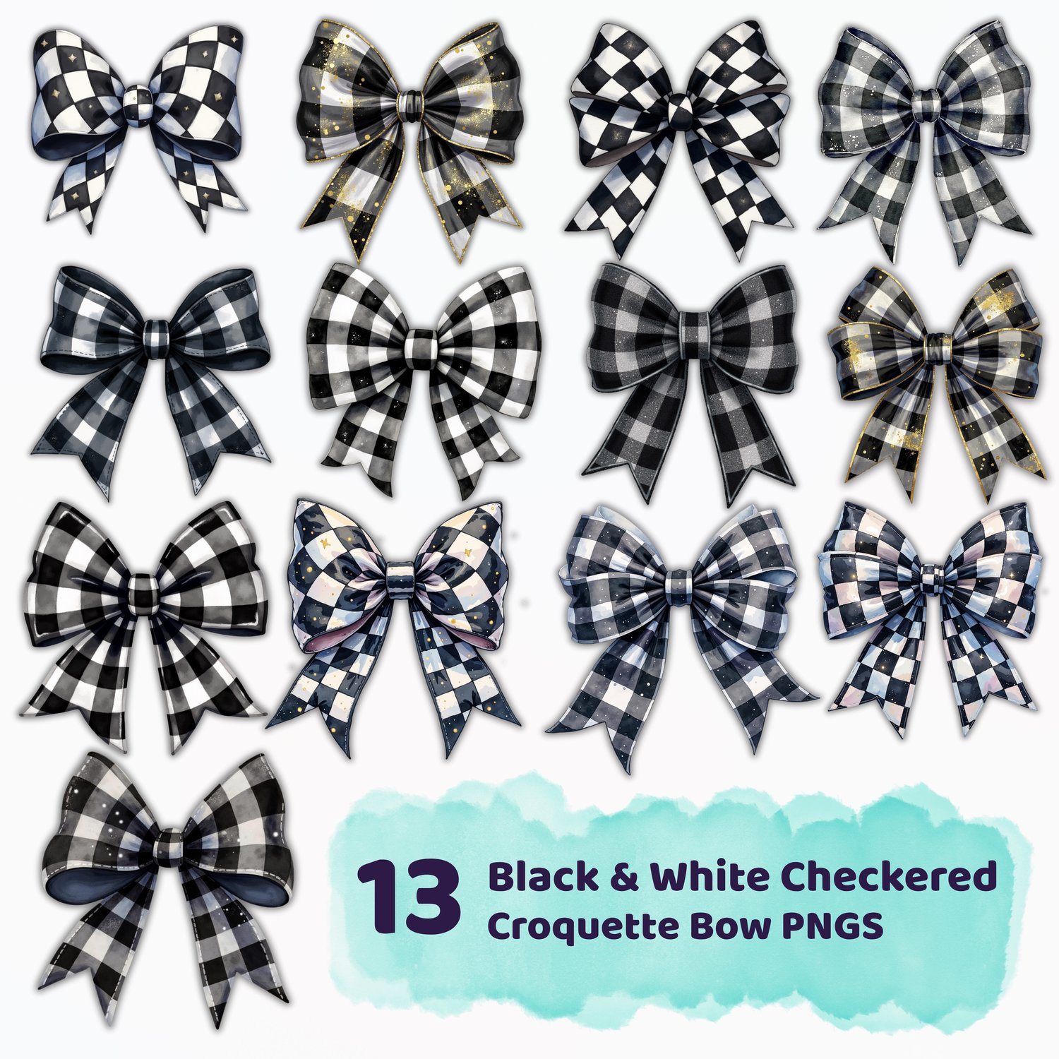 Collection of 13 black and white checkered bow PNG designs shown together on a white background, highlighting all included variations