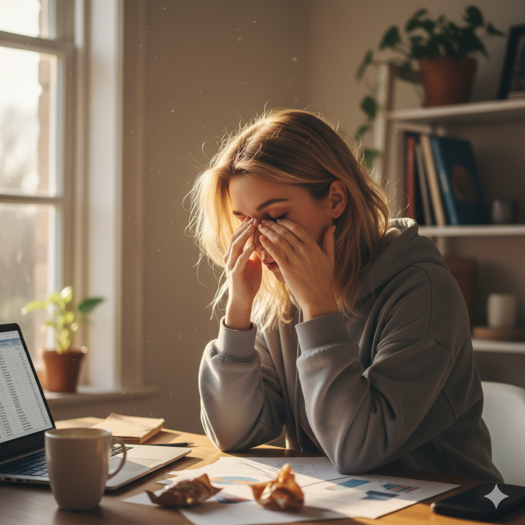 Frau zeigt deutliche Stresssymptome – Warnsignale erkennen.