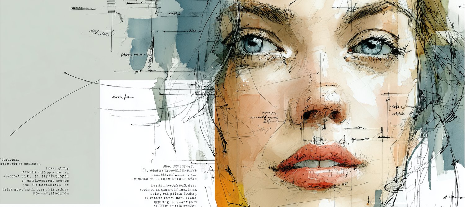 Mixed-media portrait of a woman with detailed ink linework and soft watercolor textures, representing The Tethered Line’s expressive, message-driven art. Background includes abstract sketches and handwritten notes, supporting the brand theme ‘Art With Something to Say.’