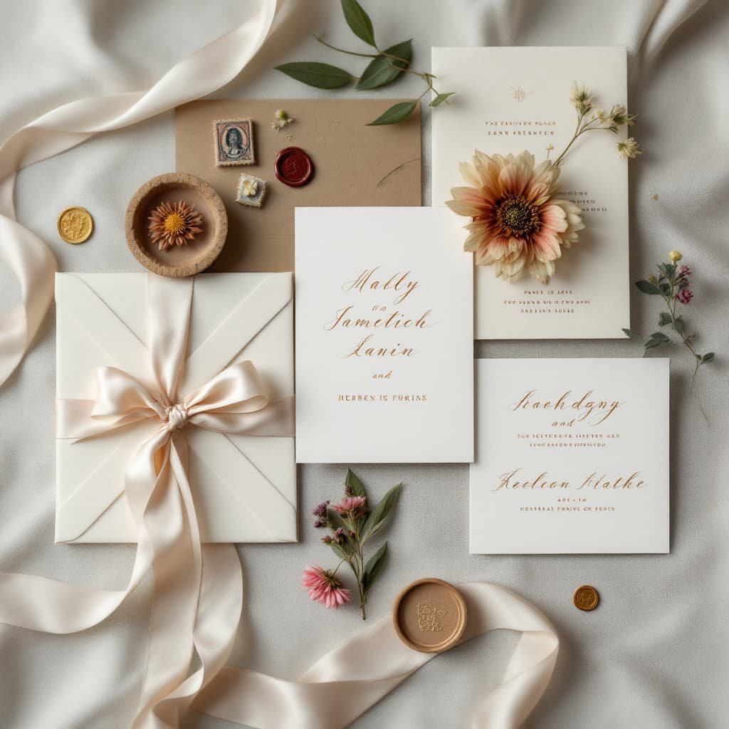 Flat-lay of elegant wedding invitation suite with silk ribbon, wax seal, and pressed florals on linen