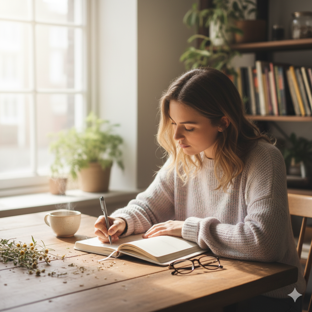 Junge Frau schreibt achtsam in ihr Tagebuch – Journaling Routine