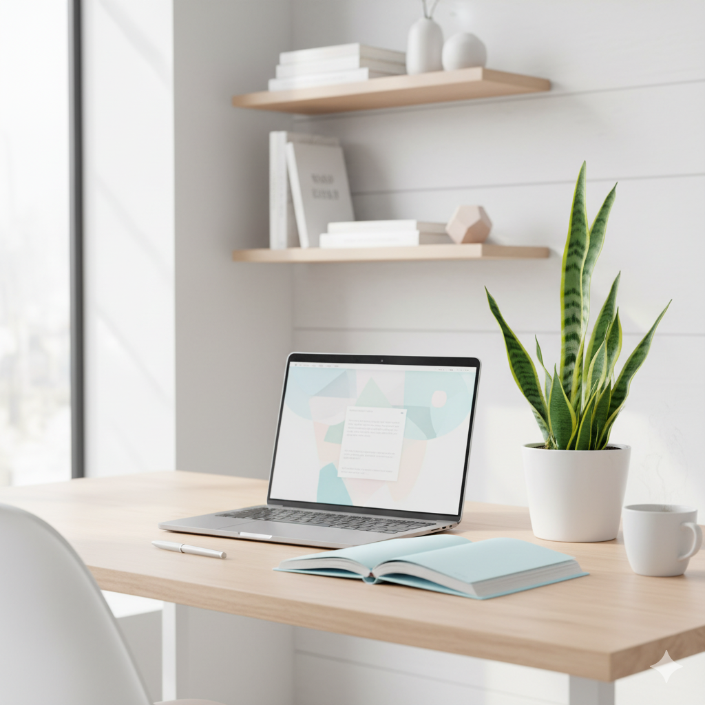 Achtsames Arbeiten im Homeoffice – heller Arbeitsplatz mit Laptop und Pflanze