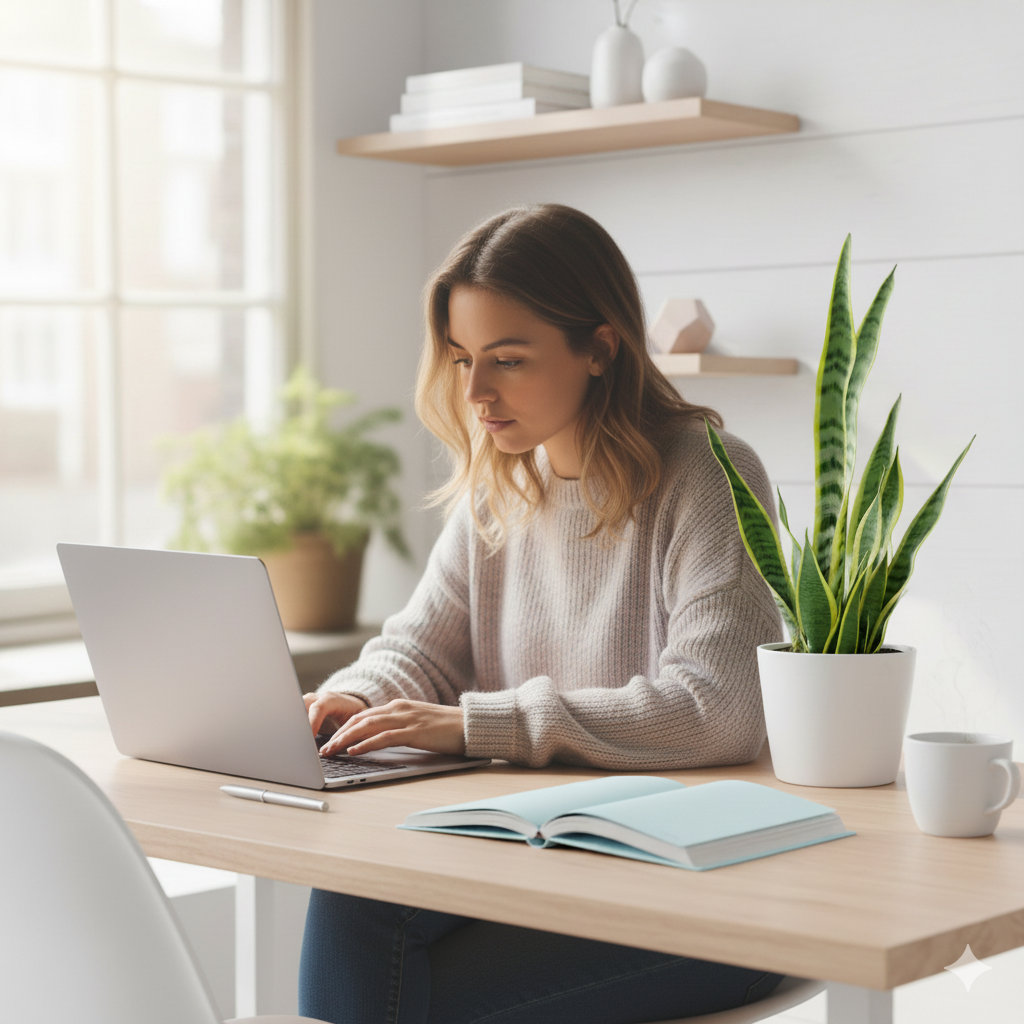 Frau arbeitet achtsam am Homeoffice-Schreibtisch mit Fokus