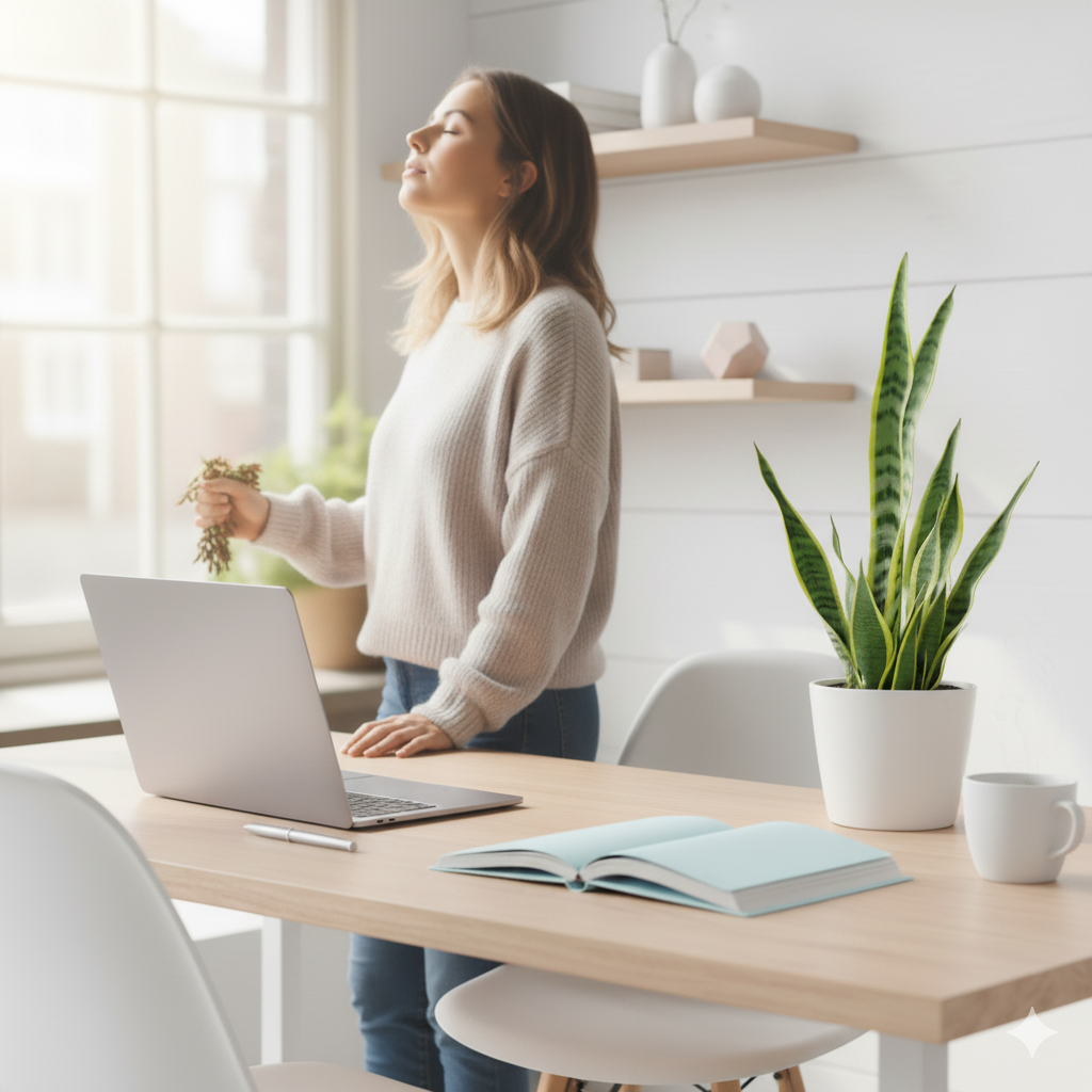 Achtsame Mini-Pause im Büro – Person atmet am Fenster tief durch