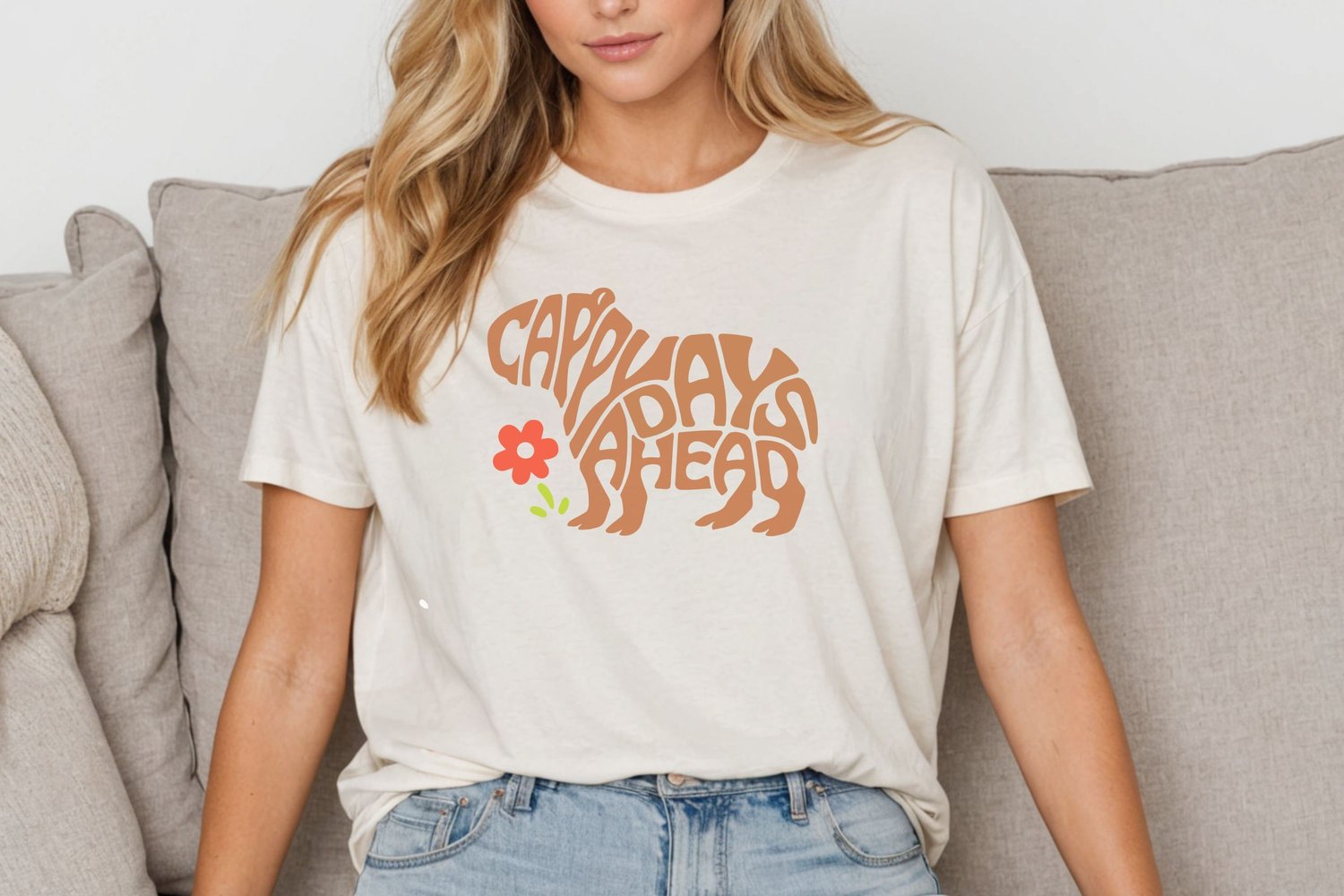 This design features the words Cappy Days Ahead creatively made into a Capybara Shape.