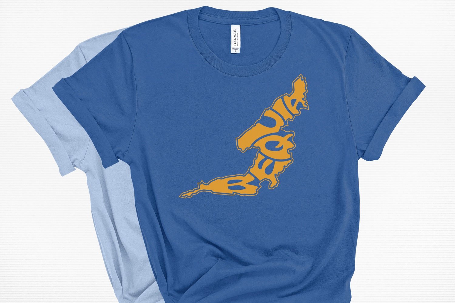 This design features the word Bequia creatively made into the shape of a this St. Vincent and the Grenadines island.