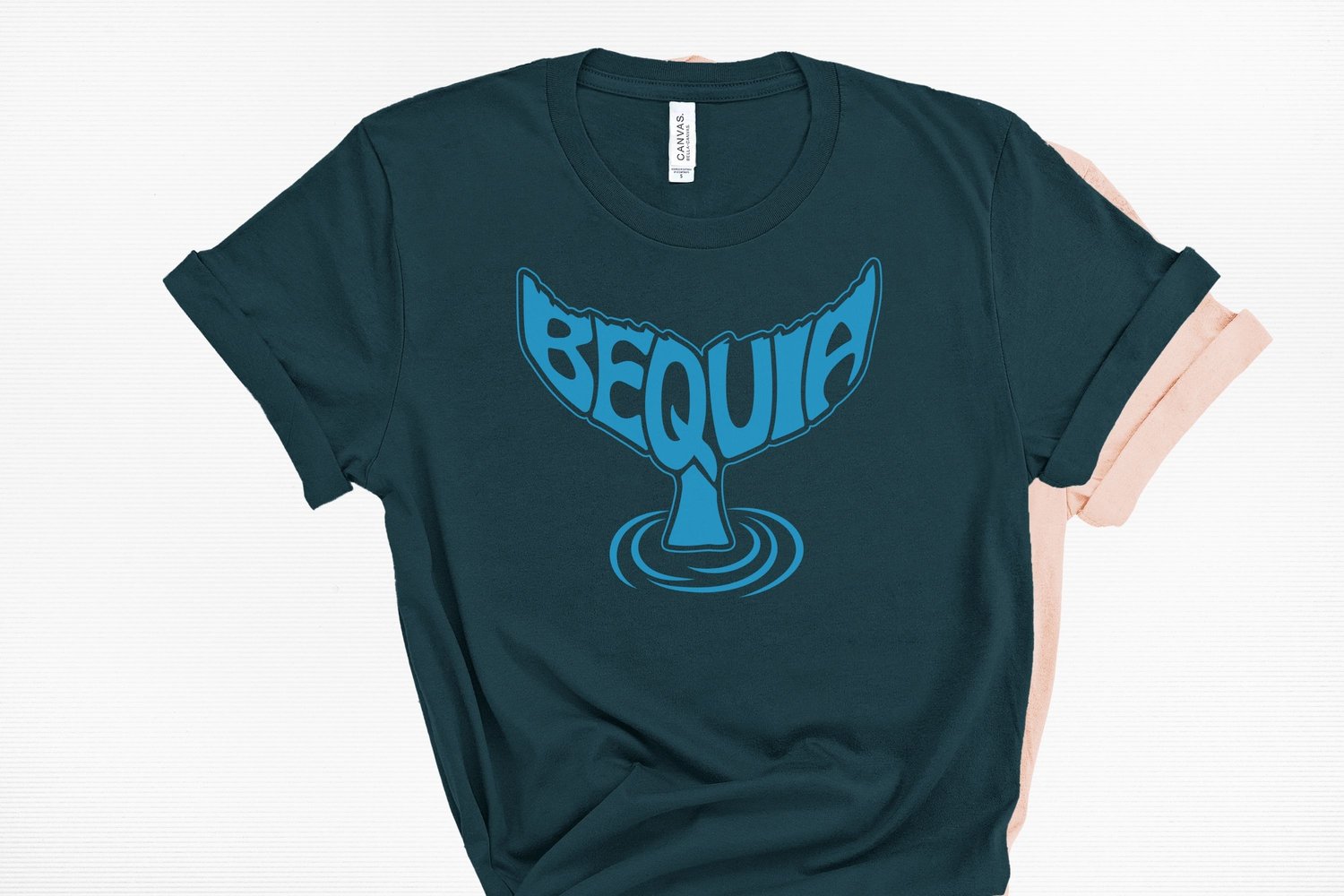 This design features the word Bequia creatively made into the shape of a whale tail.
