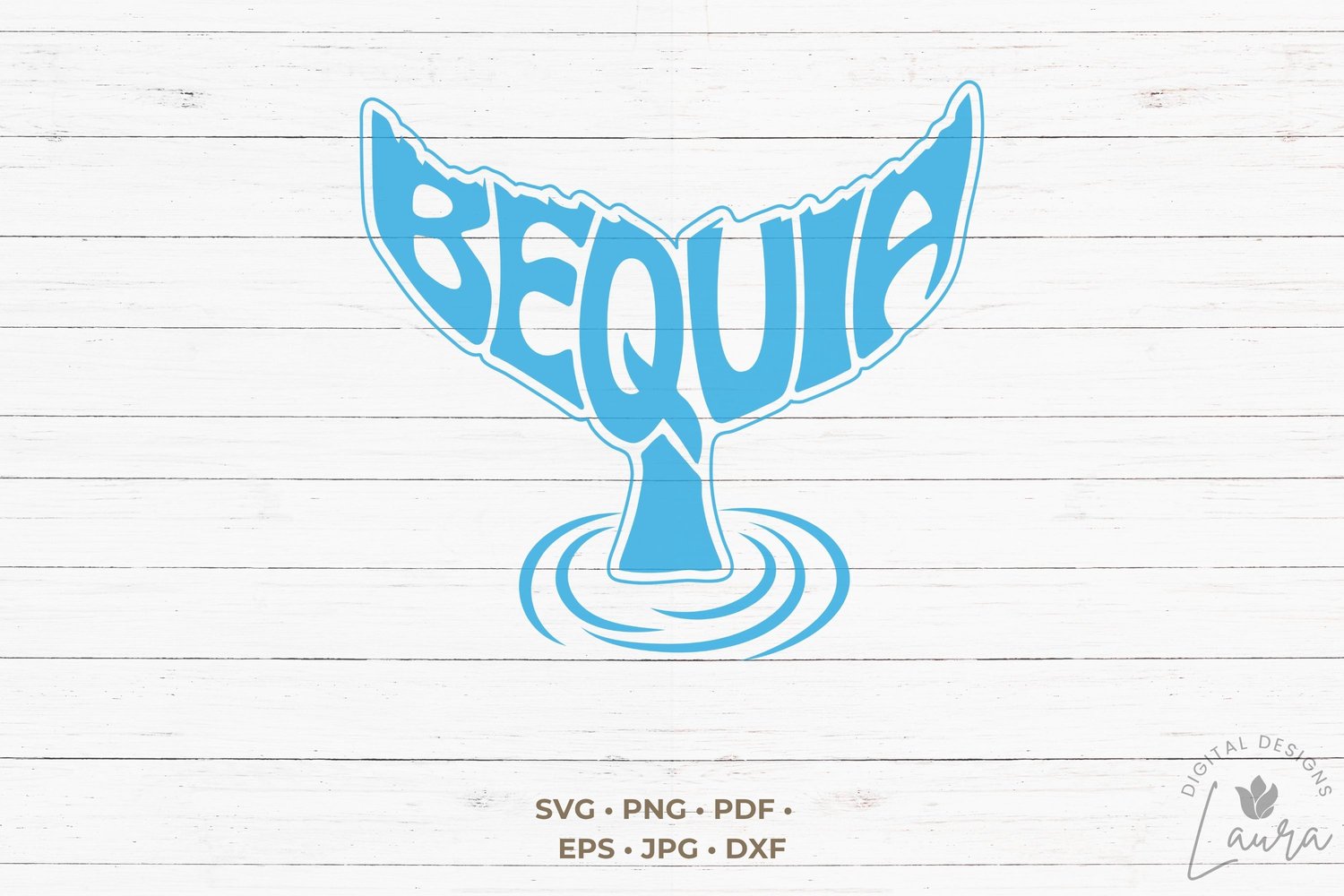 This design features the word Bequia creatively made into the shape of a whale tail.