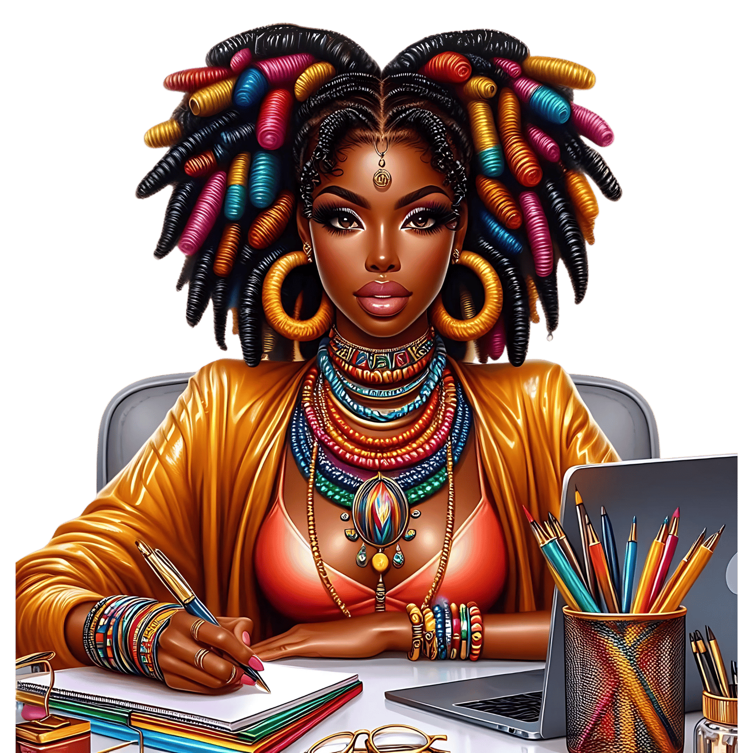 Afrocentric woman with golden locs in vibrant digital art, representing Glow & Grit Digital Designs Collection.