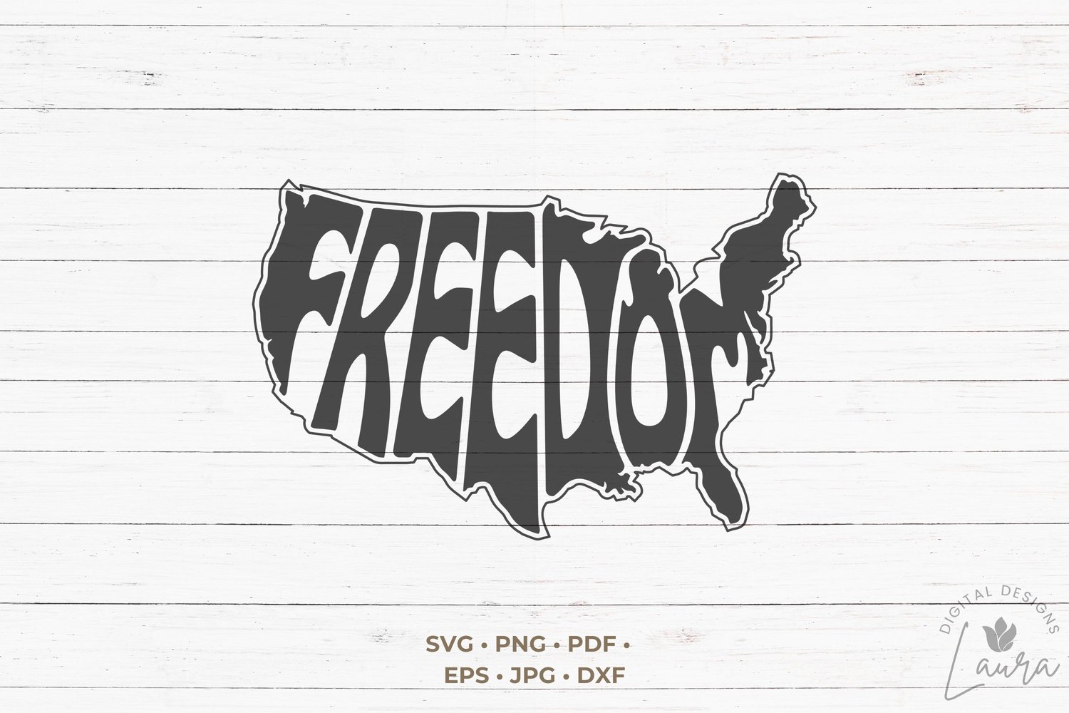 This design features the words Freedom creatively integrated onto the shape of United States of America.