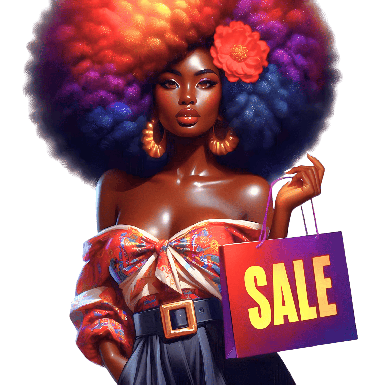 Sale Spot Collection – Afrocentric woman holding a sale sign, representing discounted Glow & Grit creative bundles and digital deals.