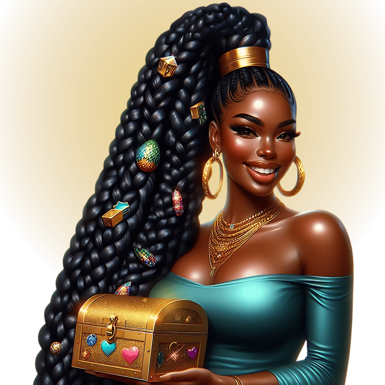 Freebie Vault Collection – Afrocentric woman holding a glowing gift box, symbolizing free creative downloads and community rewards from Glow & Grit.
