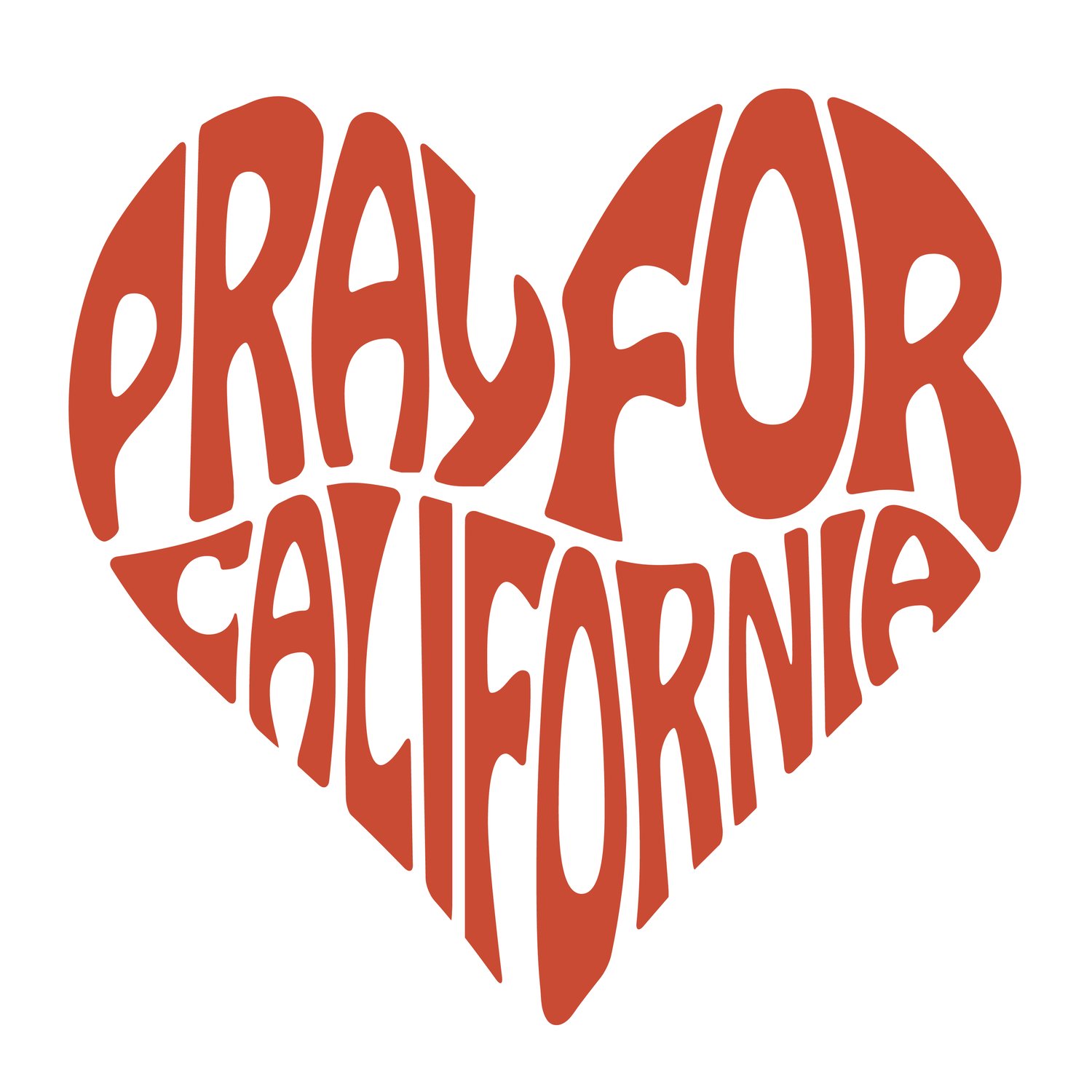 This design features the words Pray for California creatively made into the shape of a heart.