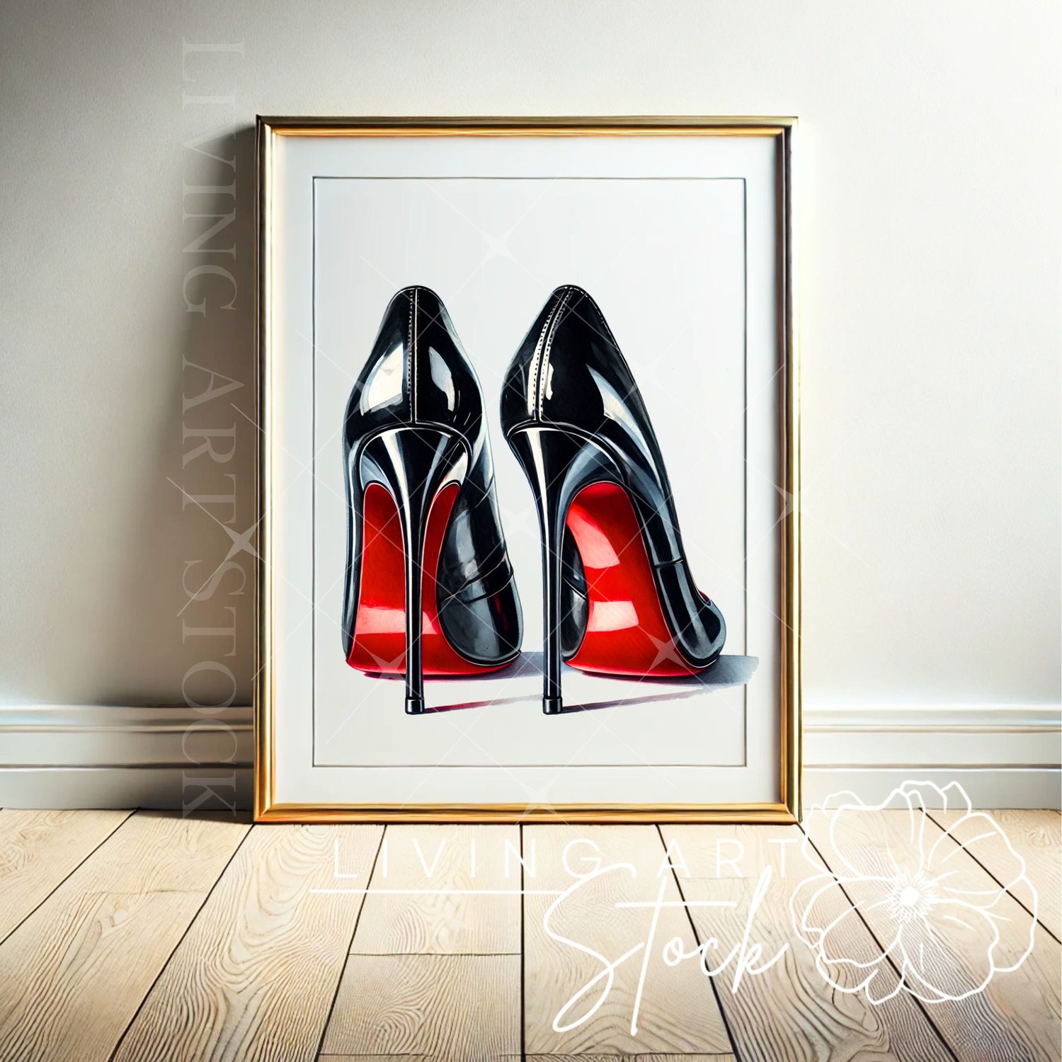A high-quality, professional illustration or watercolor painting of a pair of glossy black patent leather stiletto heels, viewed from the rear, prominently displaying their signature vibrant, high-gloss red soles and high heels. The sleek, elegant design 