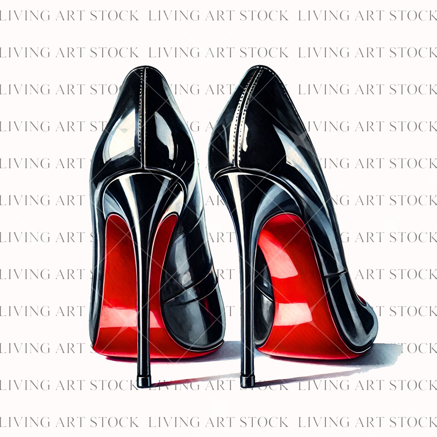 A high-quality, professional  illustration or watercolor painting of a pair of glossy black patent leather stiletto heels, viewed from the rear, prominently displaying their signature vibrant, high-gloss red soles and high heels. The sleek, elegant design