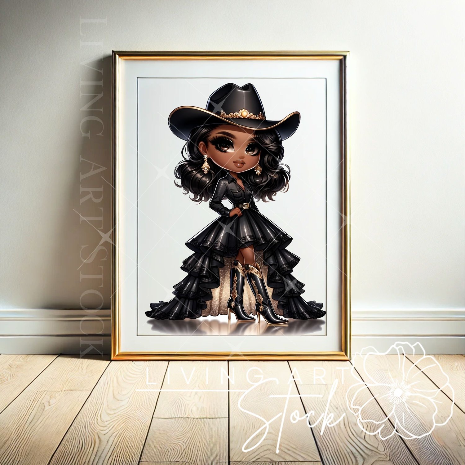 This striking digital illustration features an adorable chibi or doll-style character, an African American girl, styled in a sophisticated and glamorous cowgirl outfit with a dominant black and gold color palette.