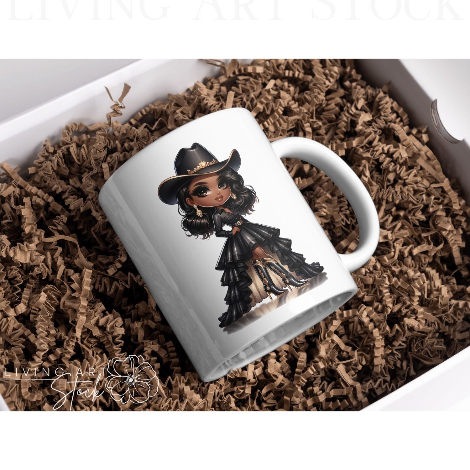 This striking digital illustration features an adorable chibi or doll-style character, an African American girl, styled in a sophisticated and glamorous cowgirl outfit with a dominant black and gold color palette.