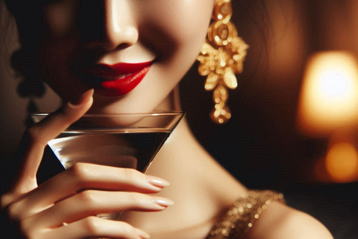 Closeup of woman wearing red lipstick with gold dress and gold earrings smiling with a drink in her hand