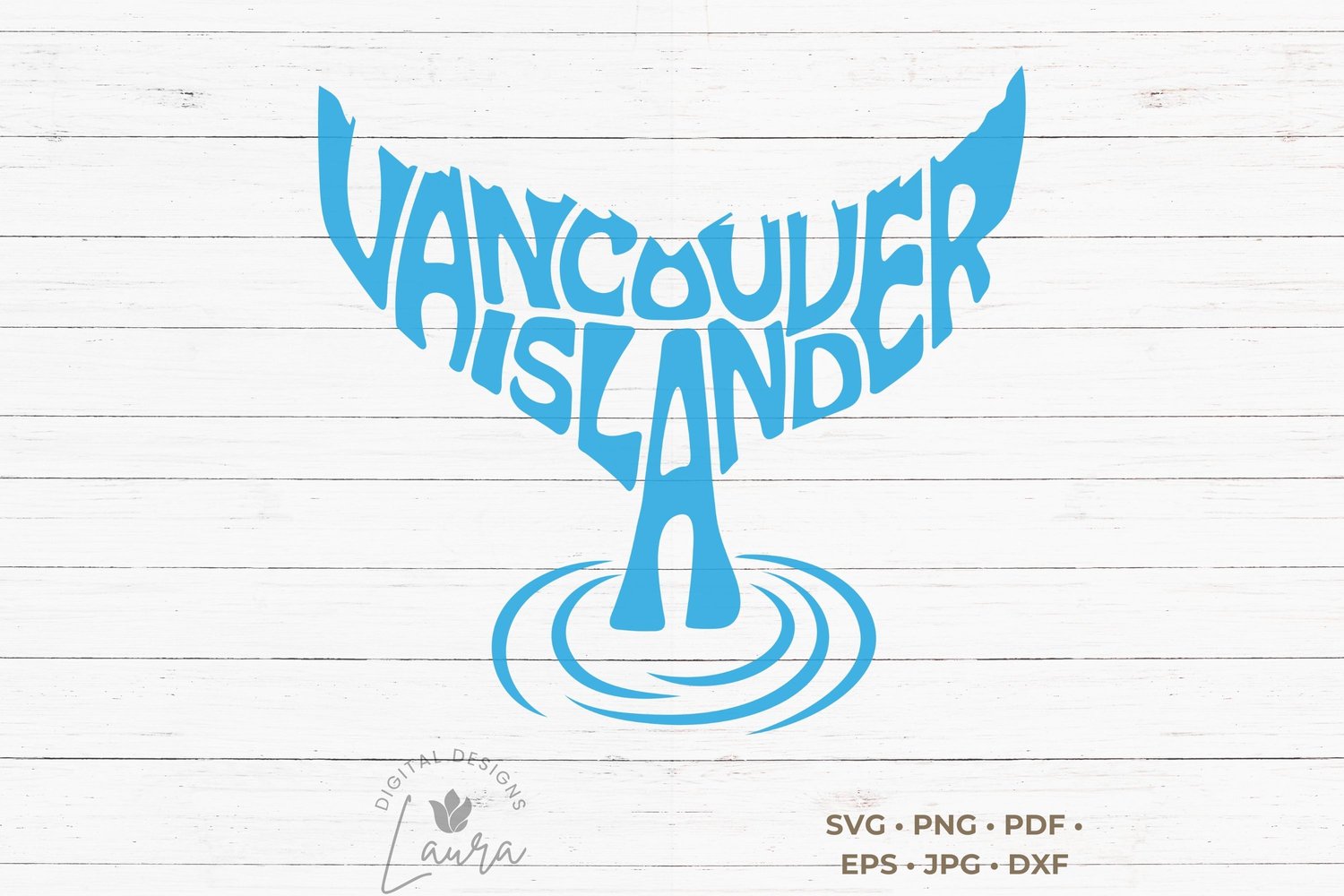 This design features the words Vancouver Island creatively made into the shape of a whale whale.
