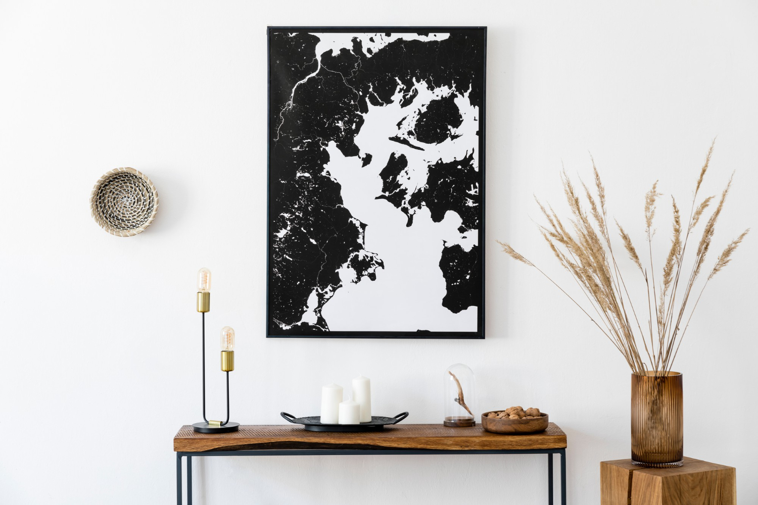Distinct monochrome artwork on a white wall