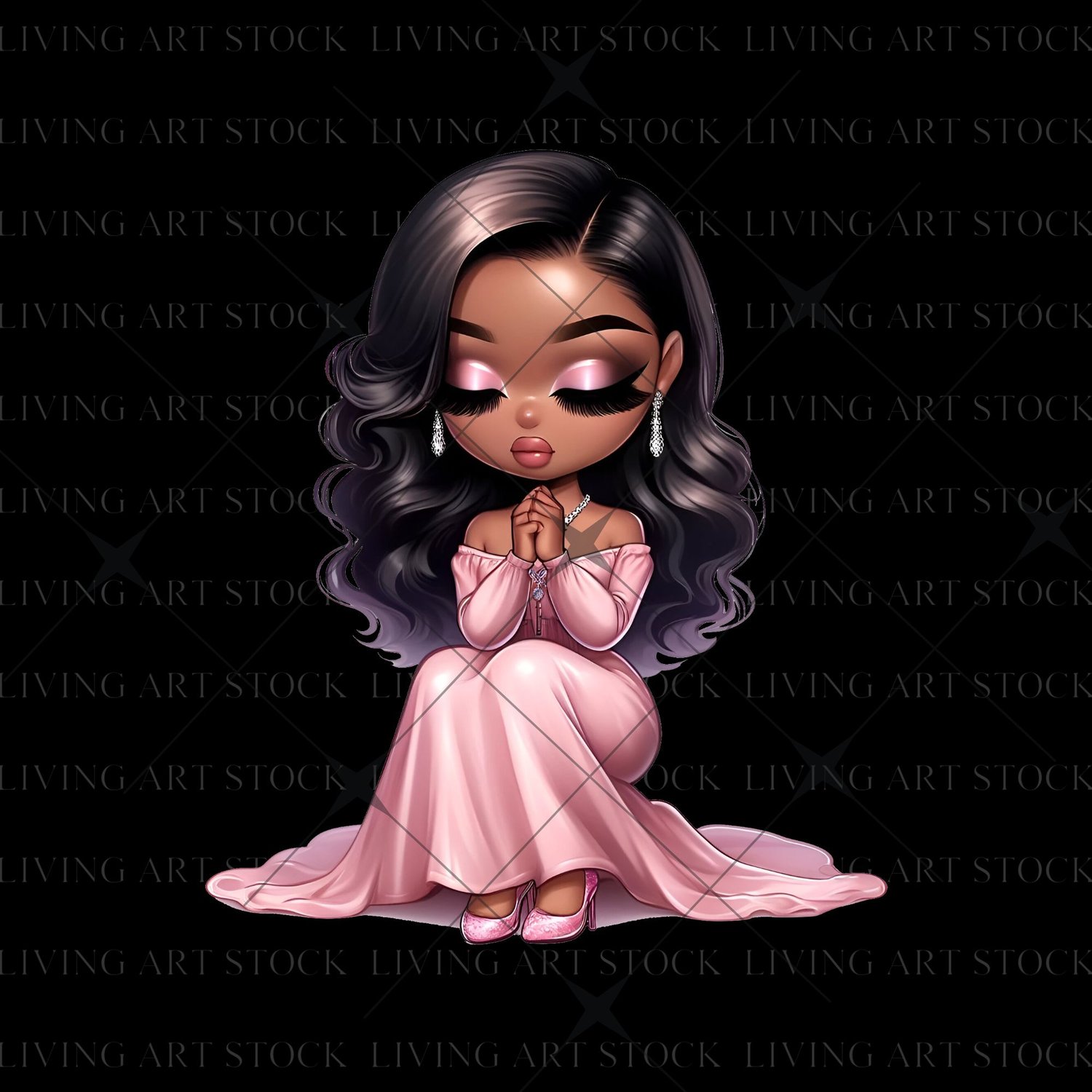 This sweet and elegant digital illustration depicts an adorable chibi or doll-style character, an African American or Black woman, kneeling in a posture of prayer, contemplation, or devotion. She is wearing a flowing, off-the-shoulder pink gown or dress a