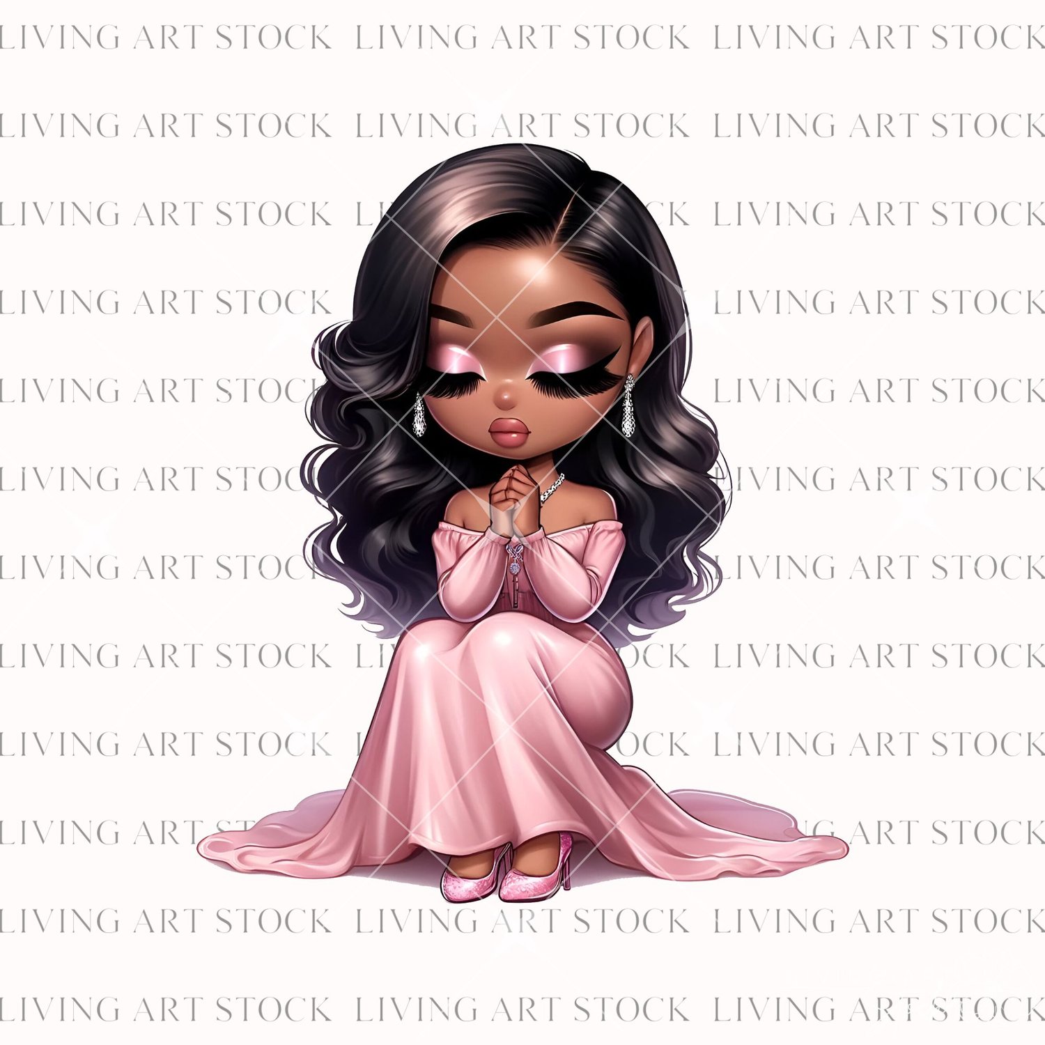 This sweet and elegant digital illustration depicts an adorable chibi or doll-style character, an African American or Black woman, kneeling in a posture of prayer, contemplation, or devotion. She is wearing a flowing, off-the-shoulder pink gown or dress a