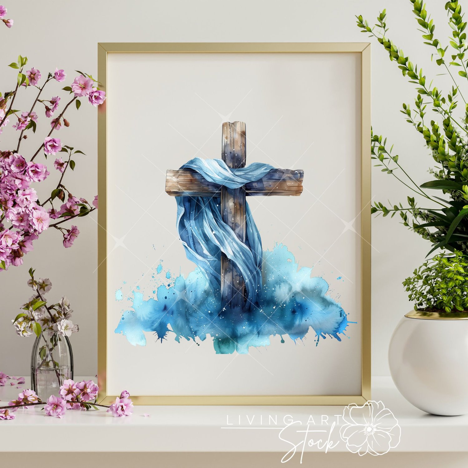 Christian Wooden Cross with Blue Watercolor Clouds Wall Art