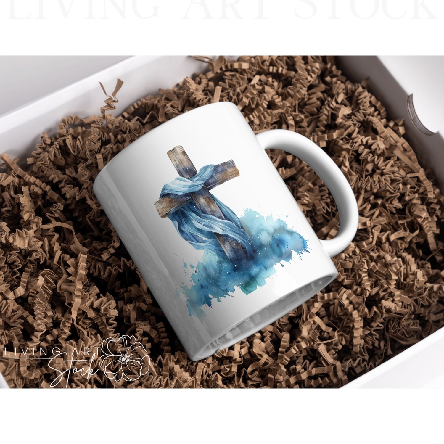 Christian Wooden Cross with Blue Watercolor Clouds Mug Design