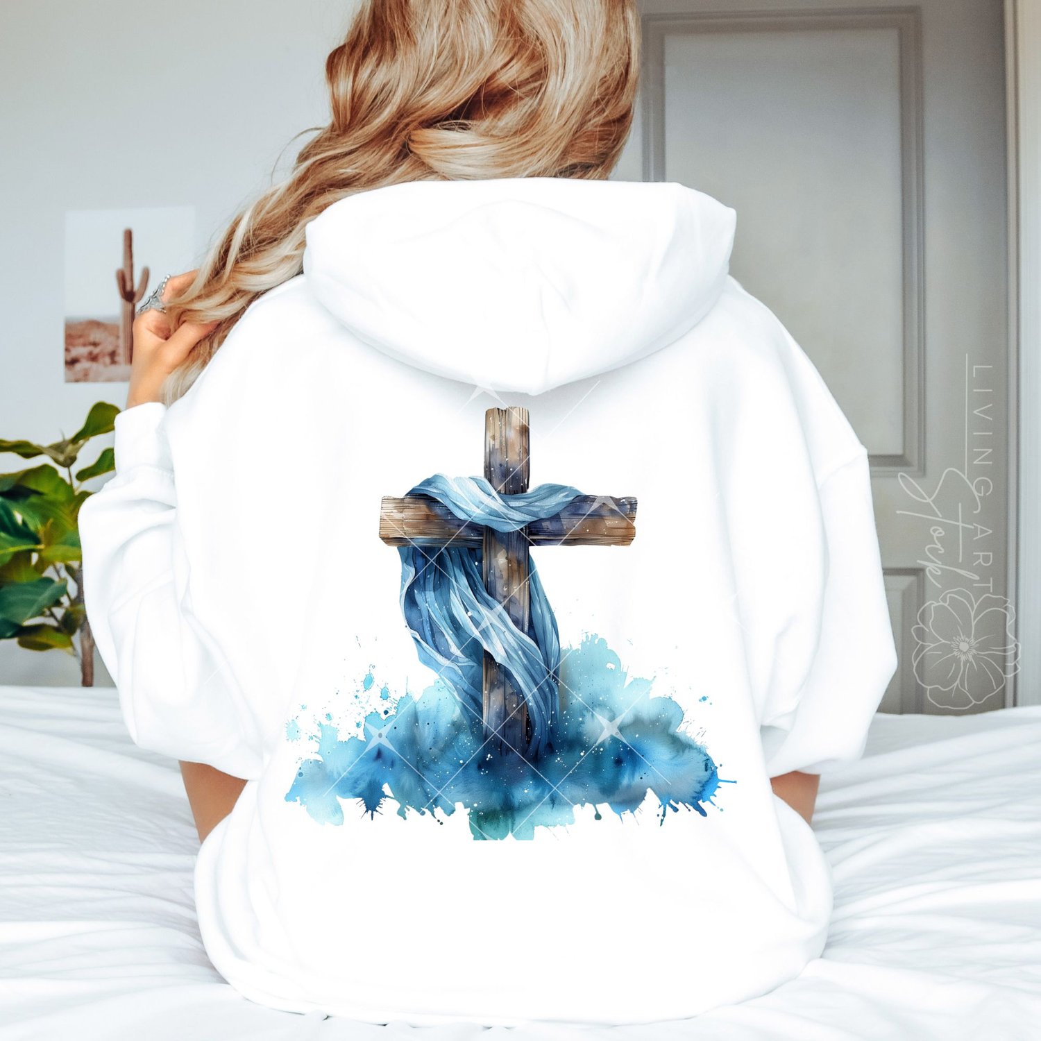 Christian Wooden Cross with Blue Watercolor Clouds tshirt Design