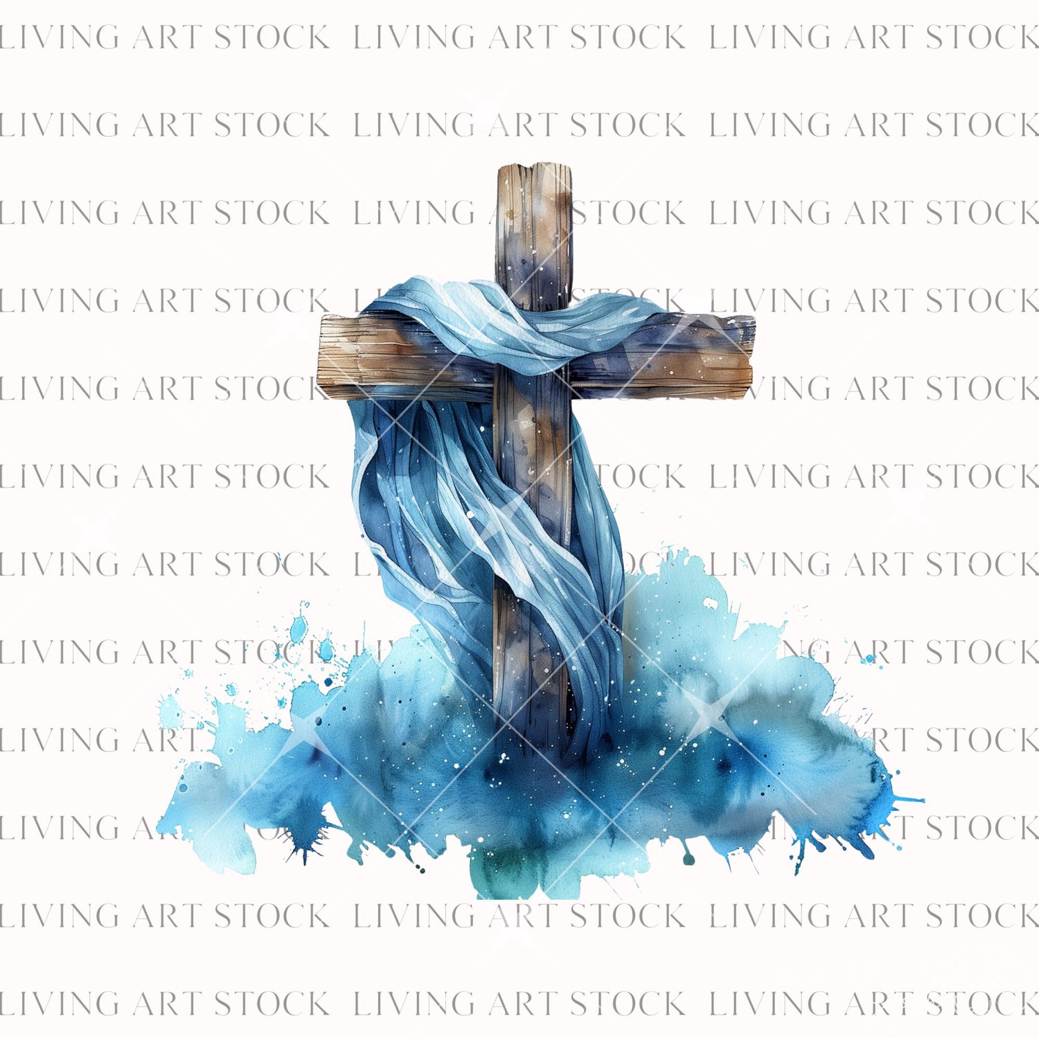 Christian Wooden Cross with Blue Watercolor Clouds with Transparent Background