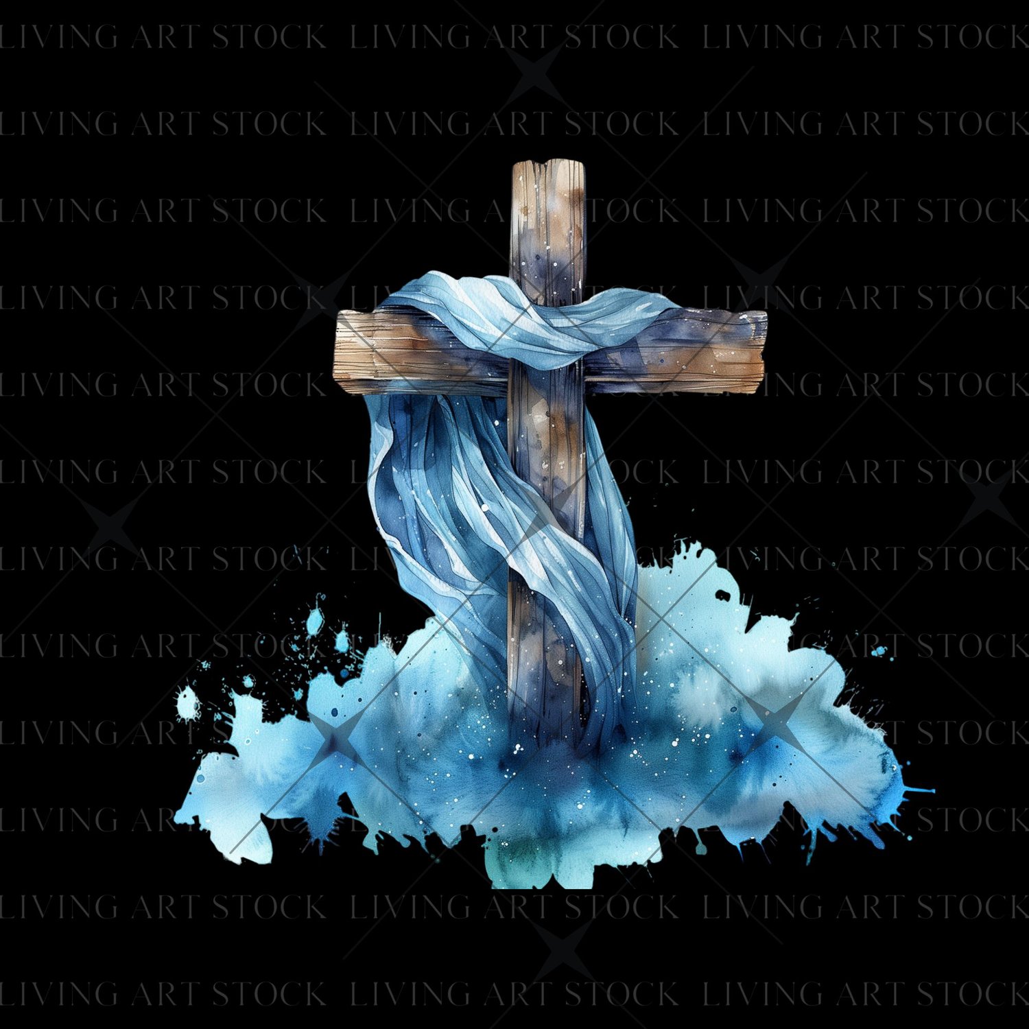 Christian Wooden Cross with Blue Watercolor Clouds with Transparent Background