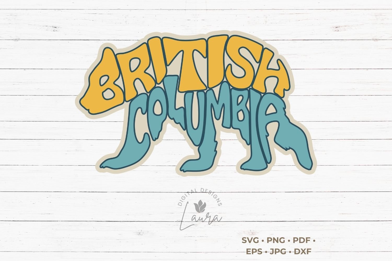 This design features the words British Columbia creatively made into the shape of a bear.