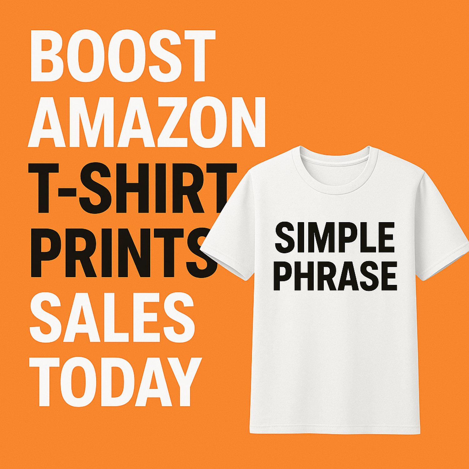Square 1x1 digital graphic promoting Amazon T-shirt print sales, featuring bold white and black text on an orange background with a clean white T-shirt mockup reading ‘SIMPLE PHRASE,’ representing online merch marketing and eCommerce design tips.
