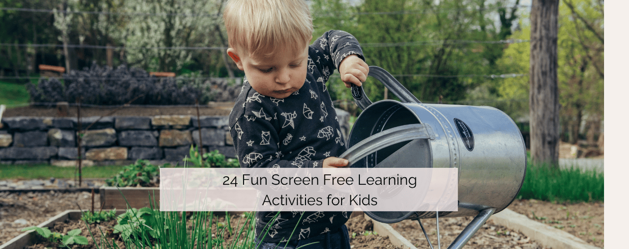 Small boy watering a vegetable patch with a watering can -24 Fun Screen Free Learning Activities for Kids