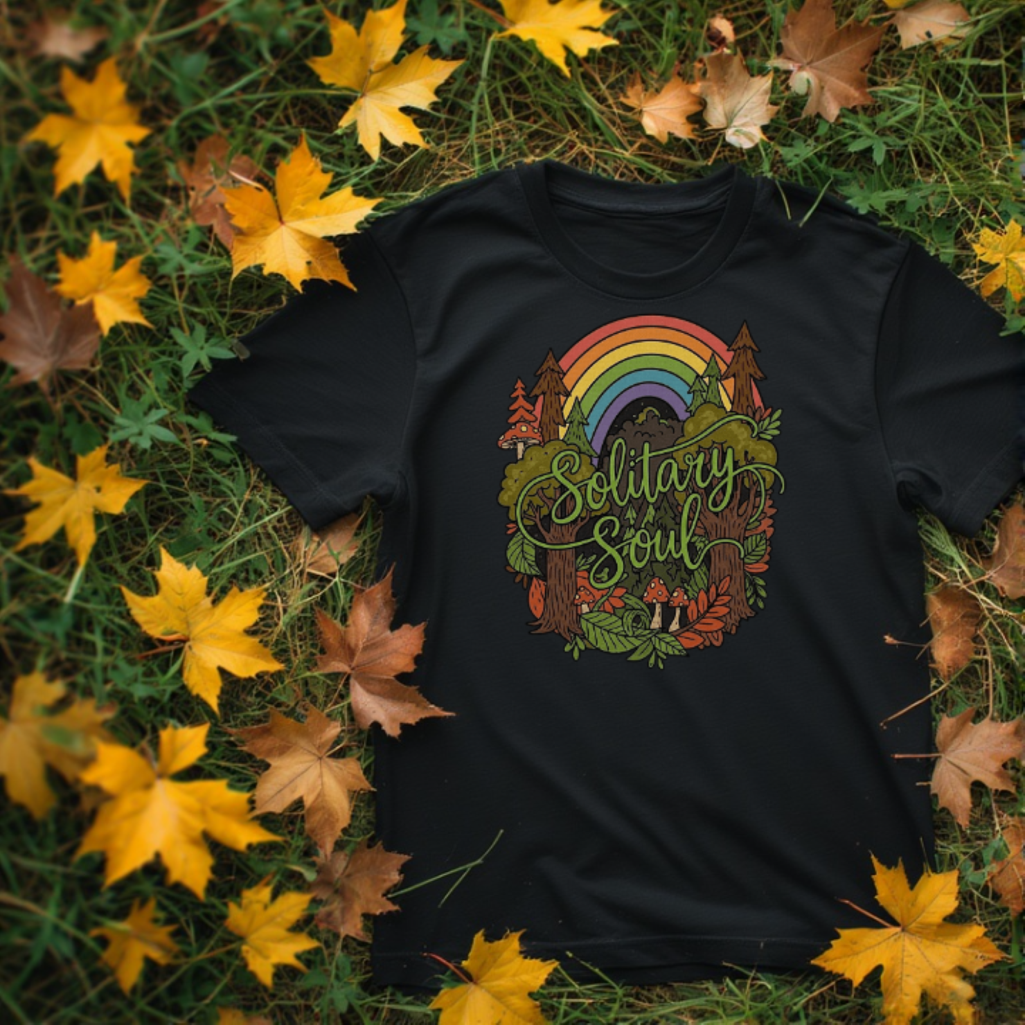 This Rainbow and forest nature design in a bright distressed texture is perfect for t-shirts, mugs, stickers, posters, and outdoor-themed merchandise.