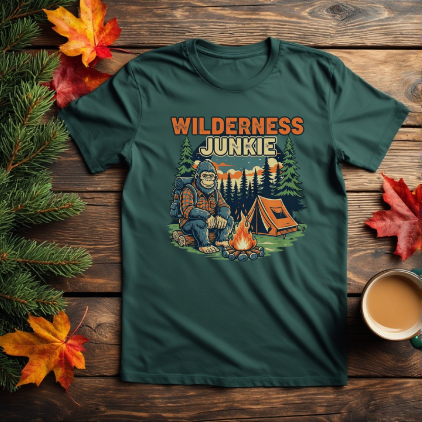 printable bigfoot campiing in the wilderness graphic